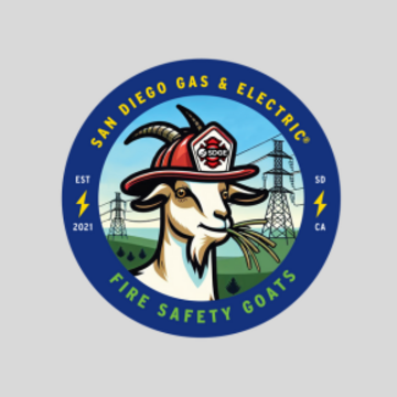 a graphic image of a sticker showing a sketch of a goat wearing a firefighter's hat, chewing on dry brush