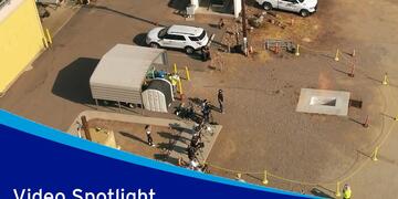 Drone visual of ignition demonstration at SDG&E's Skills Training Center. The graphic reads: Video Spotlight.