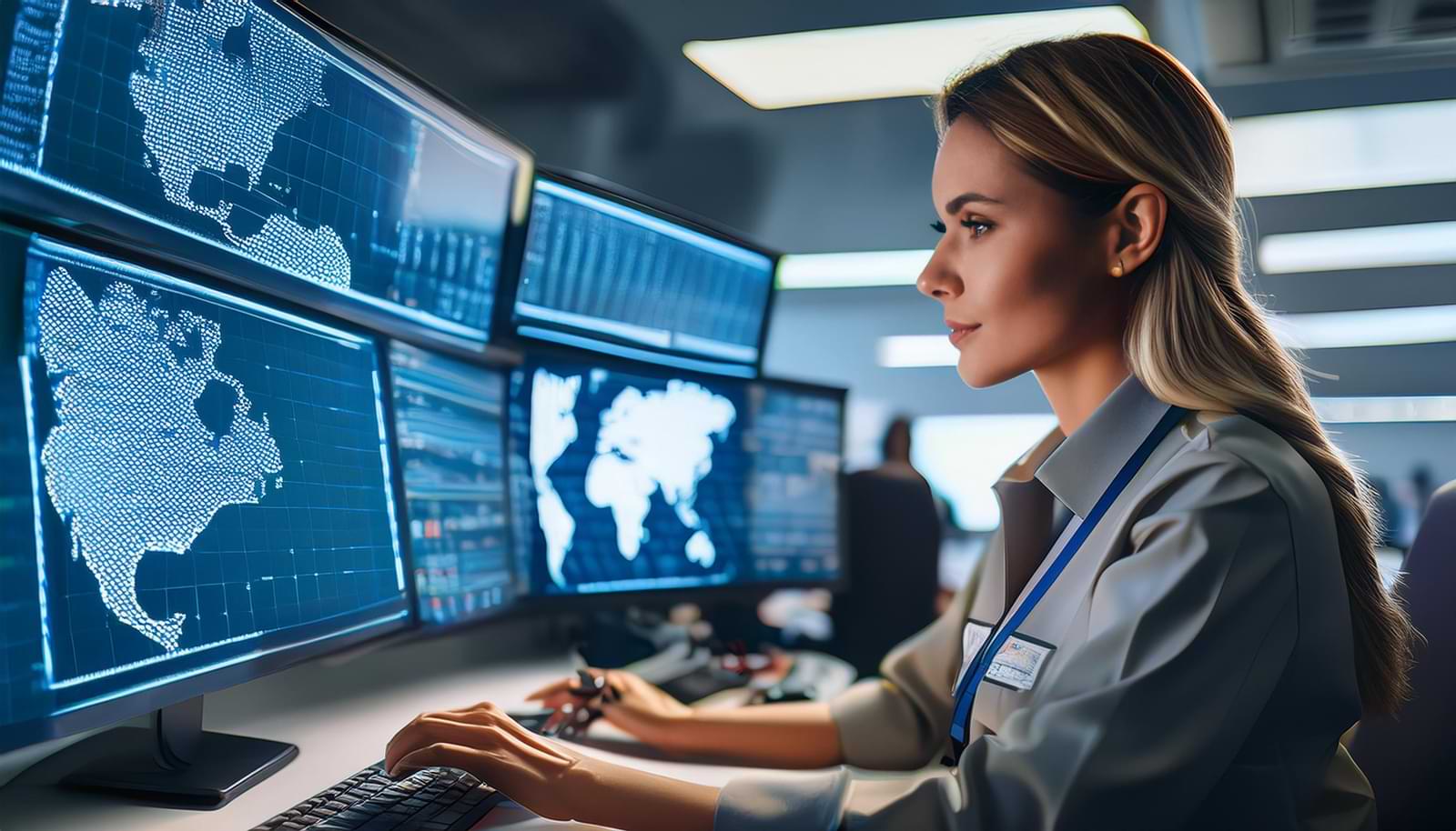 photo of a female technician working at a computer in an emergency operations center