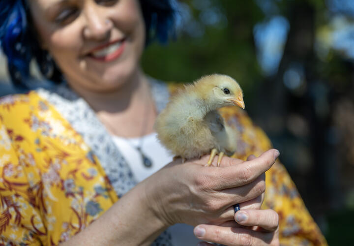 A woman smiles as she holds a baby chick in her hands.