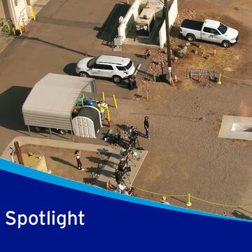 Drone visual of ignition demonstration at SDG&E's Skills Training Center. The graphic reads: Video Spotlight.